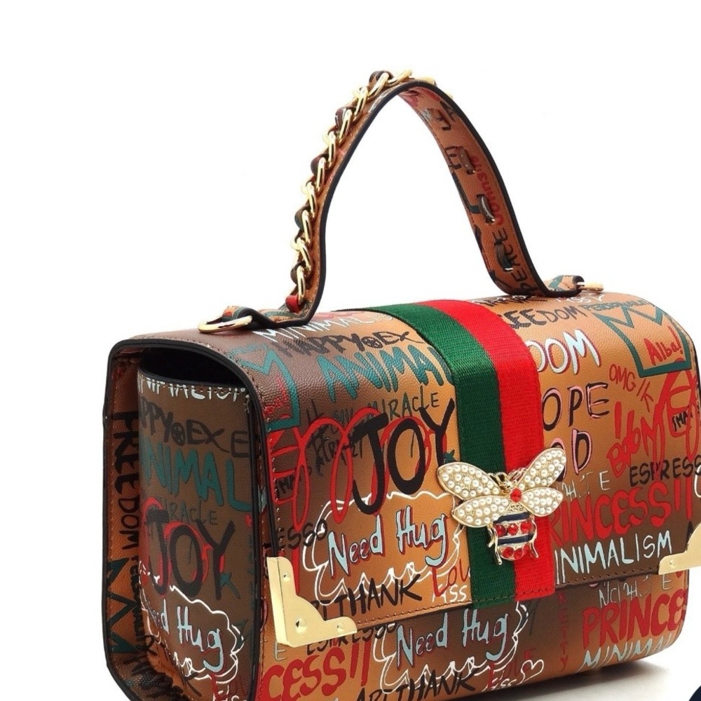 Colorful 2-in-1 Trendy Multi Graffiti Queen Bee Boxy Satchel with Wallet Bro/Yel